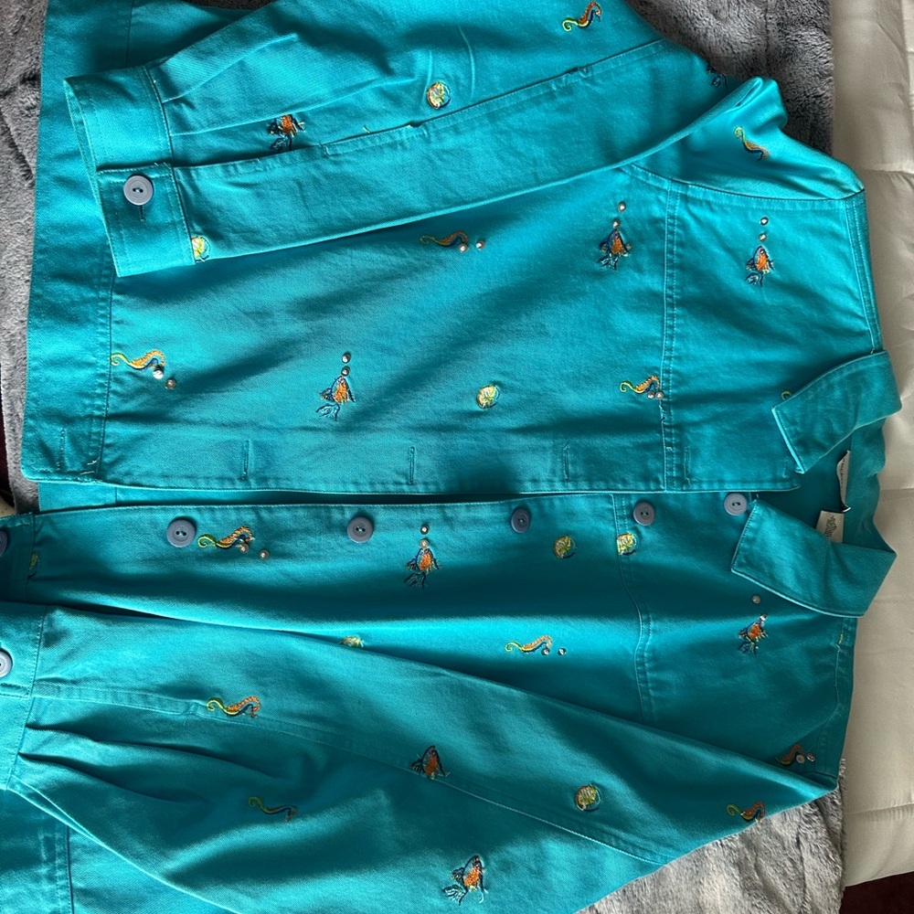 Teal Button-Up Jacket with Embroidered Details
